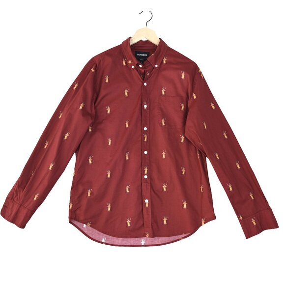 Bonobos Men’s L/S Button Down Shirt L Red Skiing Cats Print Long Sleeve Camp - Picture 2 of 9
